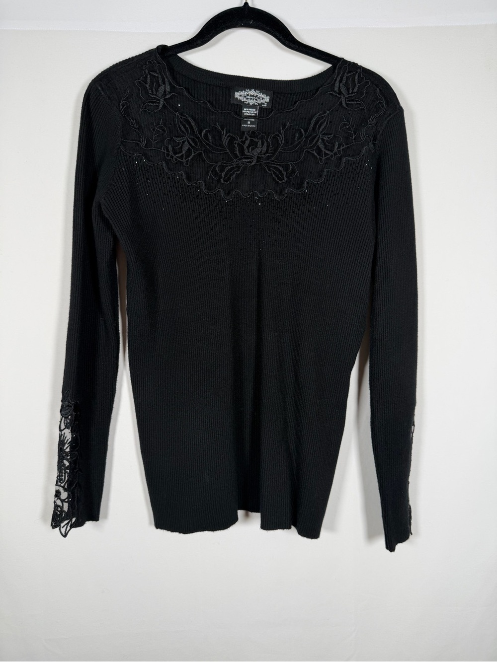 Whimsigoth Sheer Mesh Floral Embroidered Yoke Beaded Black Long-Sleeve Knit Top